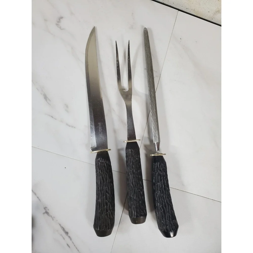 Vintage EKCO Eterna Black Antler Handled Meat Fork Knife  Kitchen Utensil‎ Set
